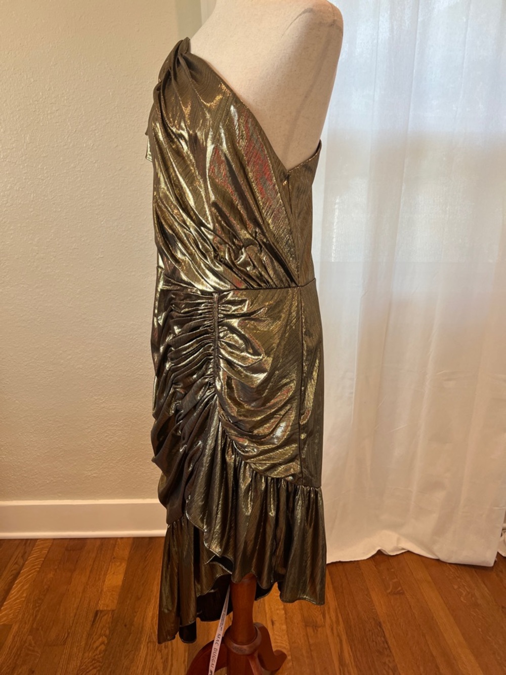 Mac Duggal 27075 Metallic Gold One-Shoulder Asymmetrical Dress. Sz L. NWT - Picture 7 of 16